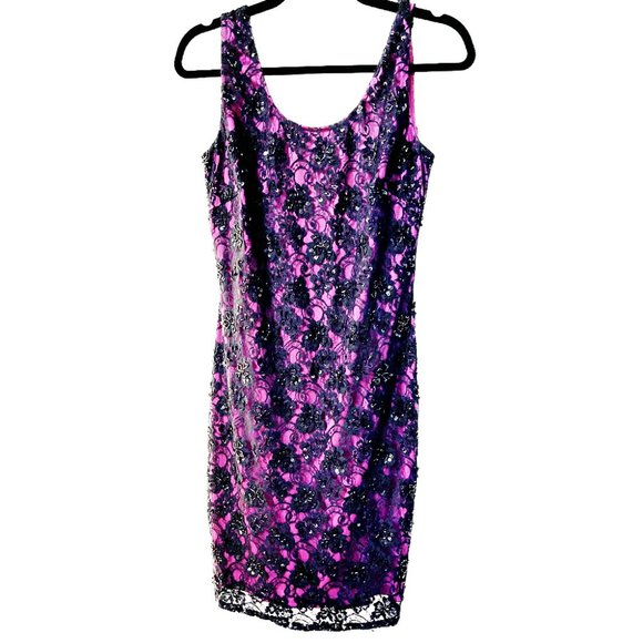 Adrianna Papell Dresses & Skirts - Adrianna Papell Evening Black Lace and Beaded Cocktail Dress Over Purple  Size 6